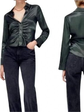 Zara Shiny Pine Green Ruched Front Satin Blouse